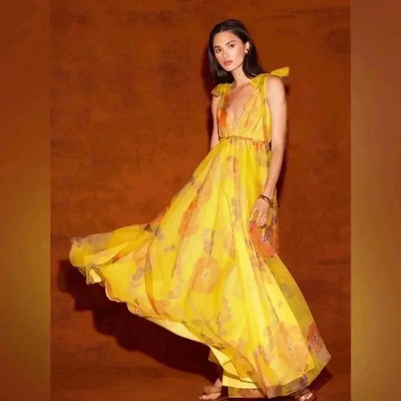 STAUD Dandelion Printed Organza Maxi Dress in Goldie Size 10 - Picture 3 of 16